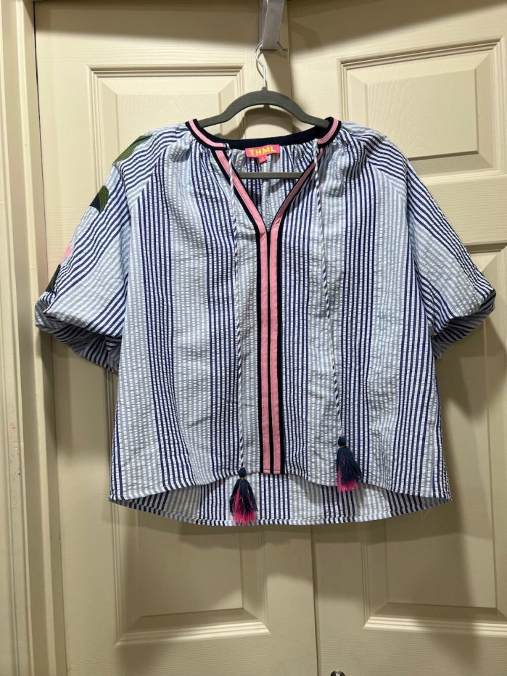 NEW Women's THML Striped Embroidered Floral Top Blue Tassel Boho Blouse Medium